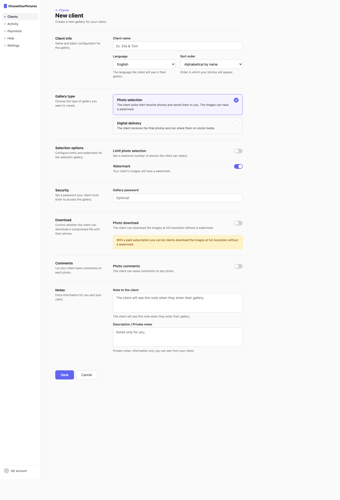 Form to create a new client