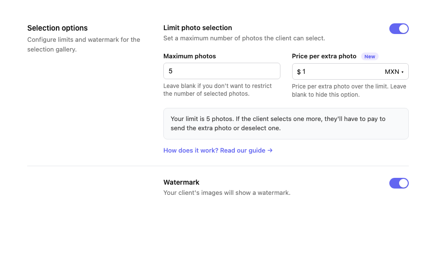 Selection limit and extra photo price configuration