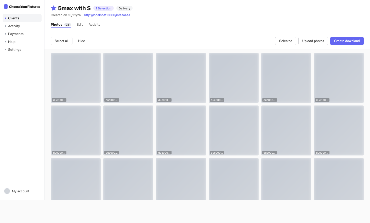 Photo upload screen with image grid